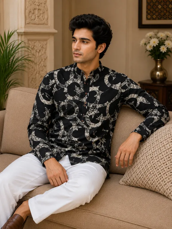 Black_Pure_Cotton_Short_Kurta_For_Men