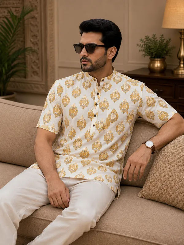 Yellow_Pure_Cotton_Short_Kurta_For_Men