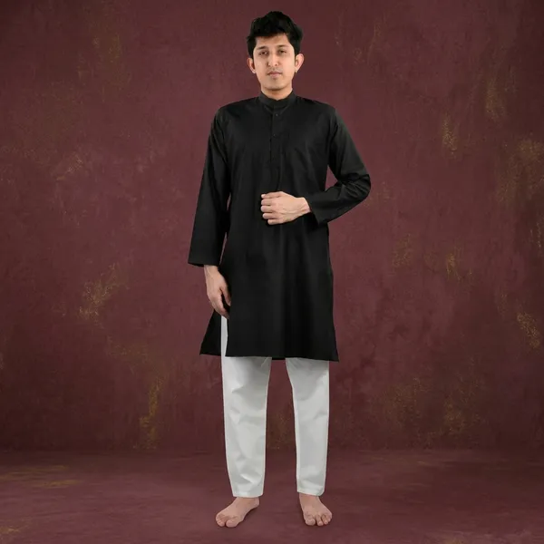 Black_Cotton_Poly_Kurta_Pajama_Set_For_Men