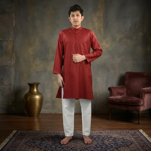 Maroon_Cotton_Poly_Kurta_Pajama_Set_For_Men
