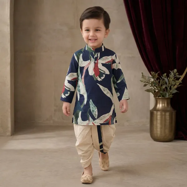 Blue_And_White_Pure_Cotton_Dhoti_Kurta_Set_For_Boys