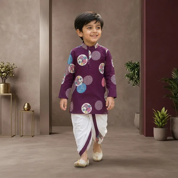 Purple_And_White_Pure_Cotton_Kurta_Dhotii_Set_For_Boys