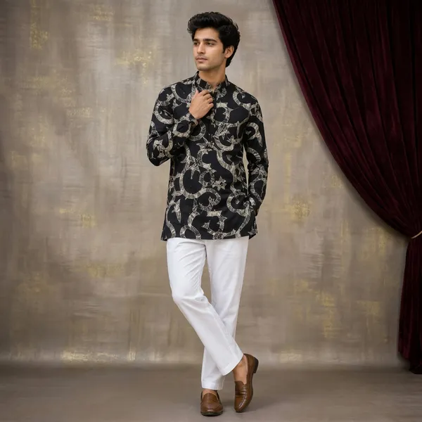 Black_Pure_Cotton_Short_Kurta_For_Men