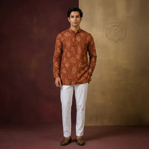 Rust_Pure_Cotton_Short_Kurta_For_Men