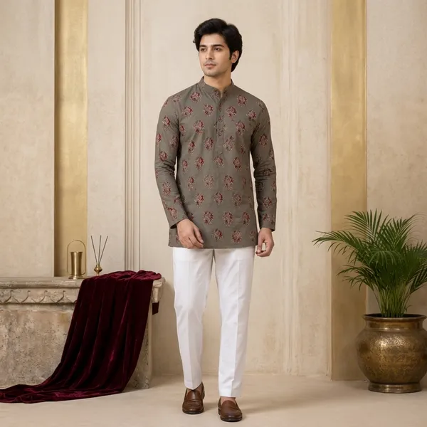 Dark_Grey_Pure_Cotton_Short_Kurta_For_Men