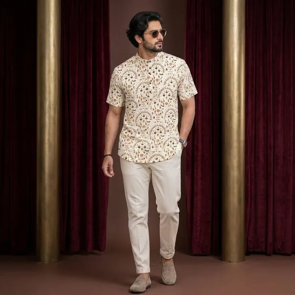 Cream_Pure_Cotton_Short_Kurta_For_Men