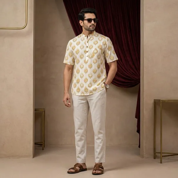 Yellow_Pure_Cotton_Short_Kurta_For_Men