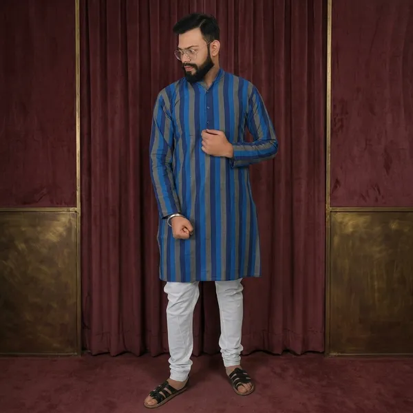 Blue_Cotton_Poly_Kurta_For_Men