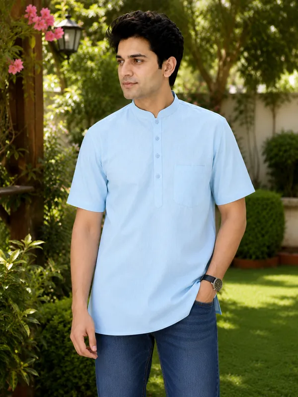 Pure_Cotton_Kurta_Short_Half_Sleeves_Sky_Blue