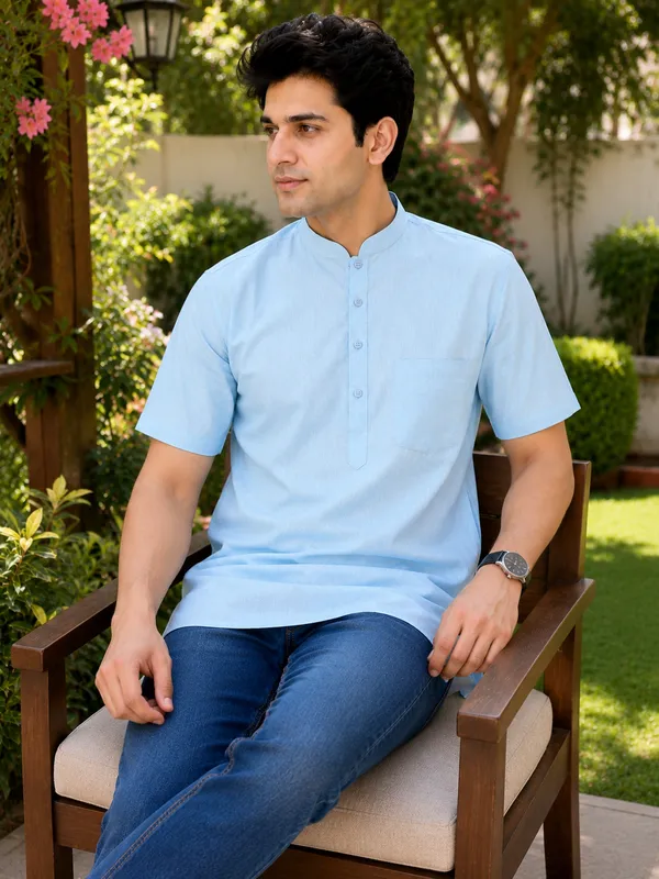 Pure_Cotton_Kurta_Short_Half_Sleeves_Sky_Blue