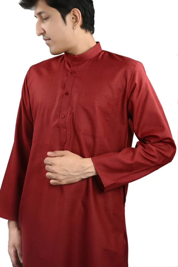 Maroon_Cotton_Poly_Kurta_Pajama_Set_For_Men