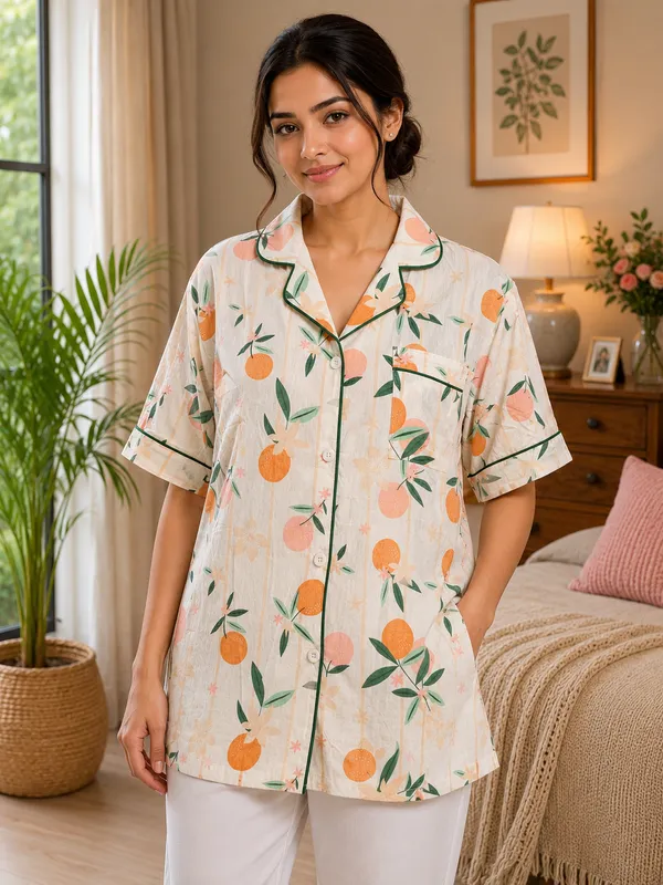 Cream_Base_Flower_Print_Cotton_Poly_Night_Suit_For_Women