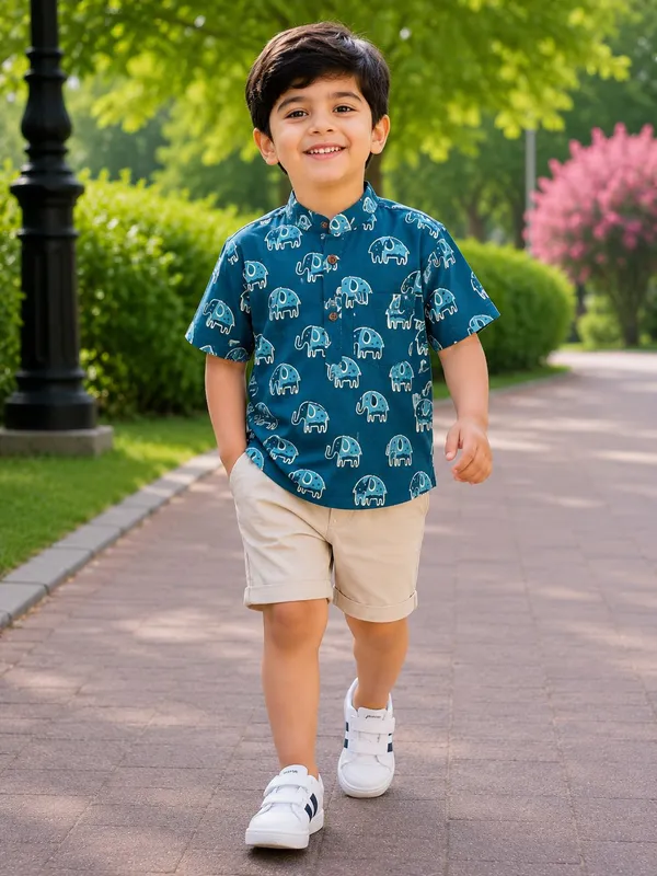 Teal_Blue_Pure_Cotton_Kurta_For_Boys