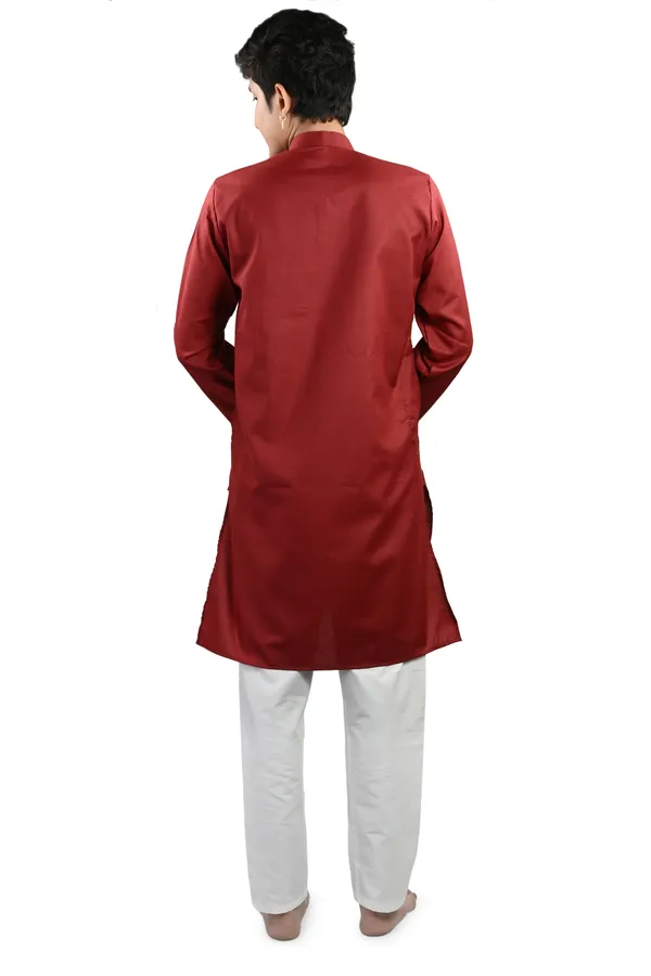 Maroon_Cotton_Poly_Kurta_Pajama_Set_For_Men