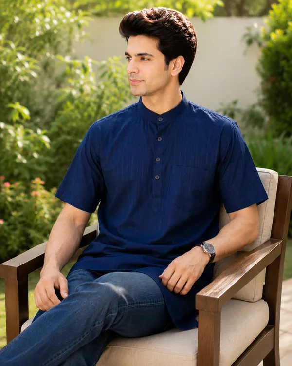 Pure_Cotton_Kurta_Short_Half_Sleeves_Navy_Blue