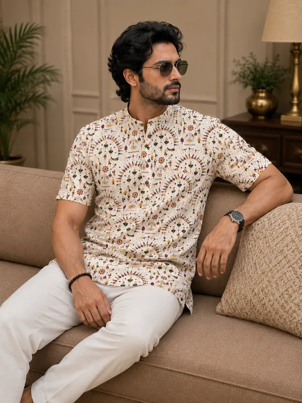 Cream_Pure_Cotton_Short_Kurta_For_Men