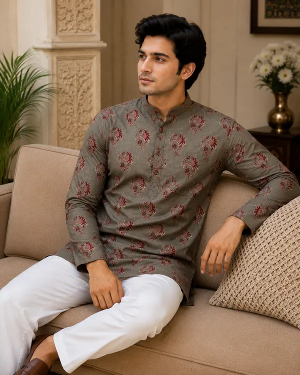 Dark_Grey_Pure_Cotton_Short_Kurta_For_Men