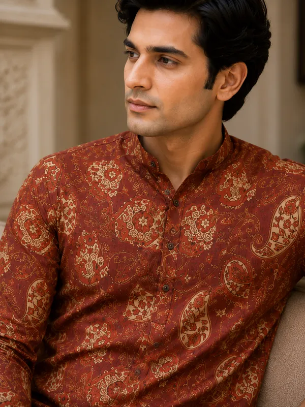 Rust_Pure_Cotton_Short_Kurta_For_Men