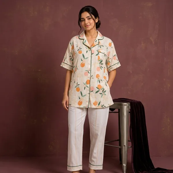 Cream_Base_Flower_Print_Cotton_Poly_Night_Suit_For_Women