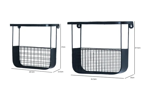 Black_Metal_Wire_Basket_Wall_Mounted_Shelf_With_Magazine_Rack_Set_Of_2
