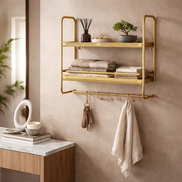 Metal_Two_Tier_Wall_Mounted_Shelf_With_Hooks