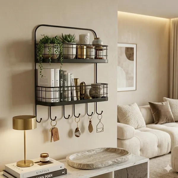Metal_Two_Tier_Wall_Mounted_Shelf_With_Hooks
