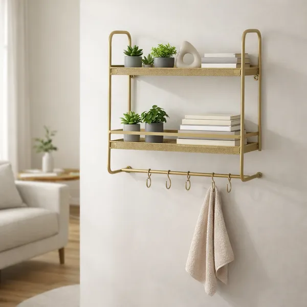 Metal_Two_Tier_Wall_Mounted_Shelf_With_Hooks