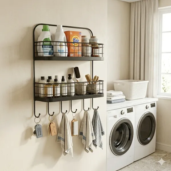 Metal_Two_Tier_Wall_Mounted_Shelf_With_Hooks
