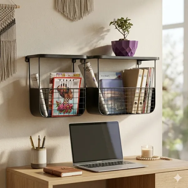 Black_Metal_Wire_Basket_Wall_Mounted_Shelf_With_Magazine_Rack_Set_Of_2