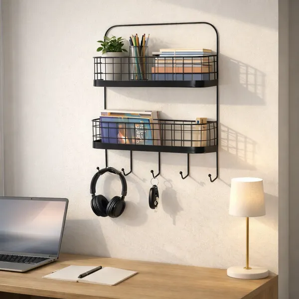Metal_Two_Tier_Wall_Mounted_Shelf_With_Hooks