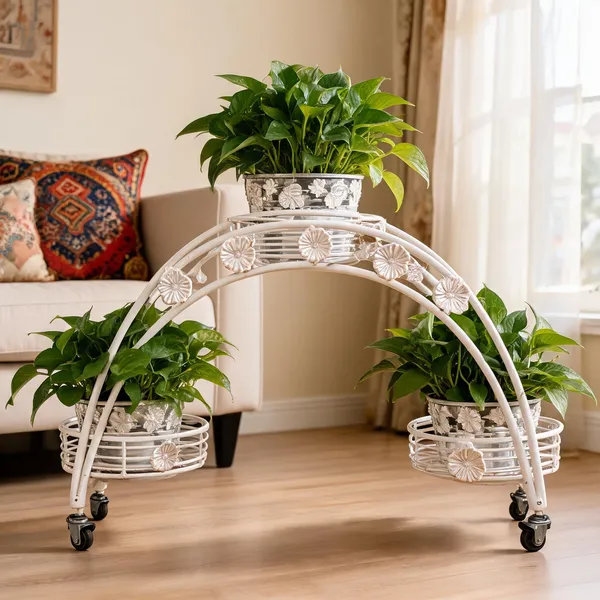 Metal_Arch_Design_3_Pot_Planter_Stand_With_Wheels
