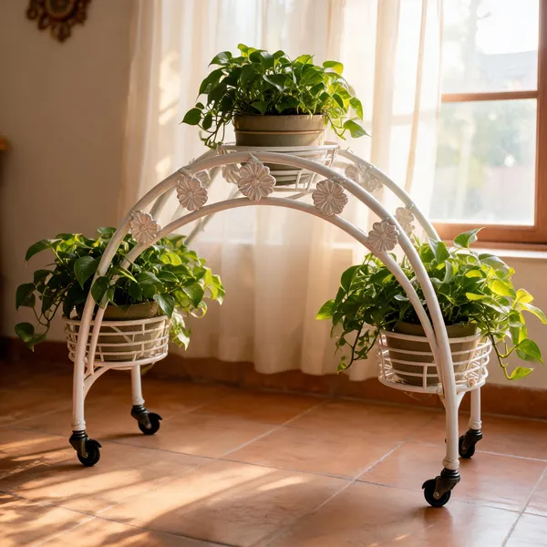 Metal_Arch_Design_3_Pot_Planter_Stand_With_Wheels