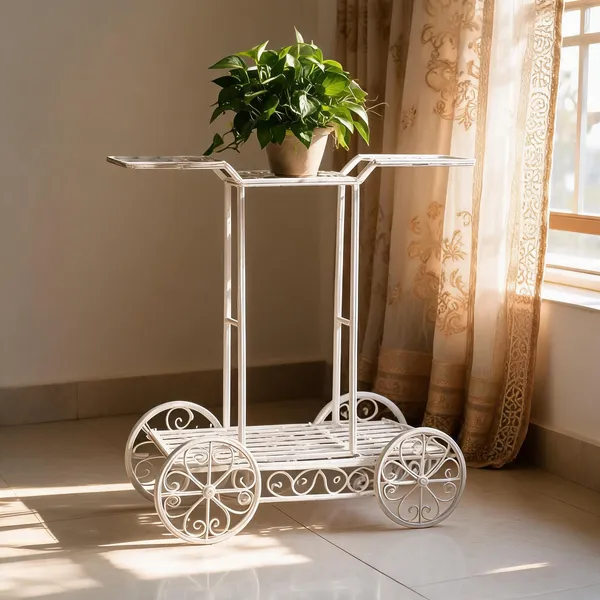 White_Metal_Cart_Design_Two-Tier_Plant_Stand