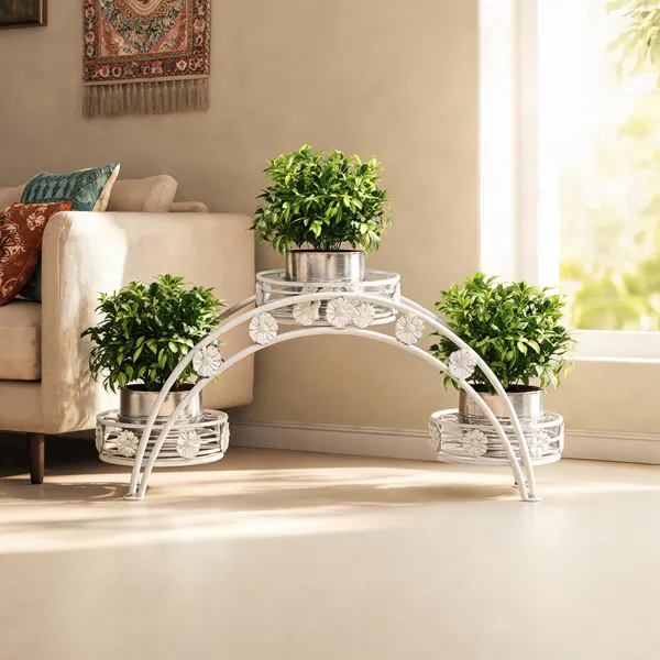 White_Metal_Arch_Design_Three-Pot_Plant_Stand