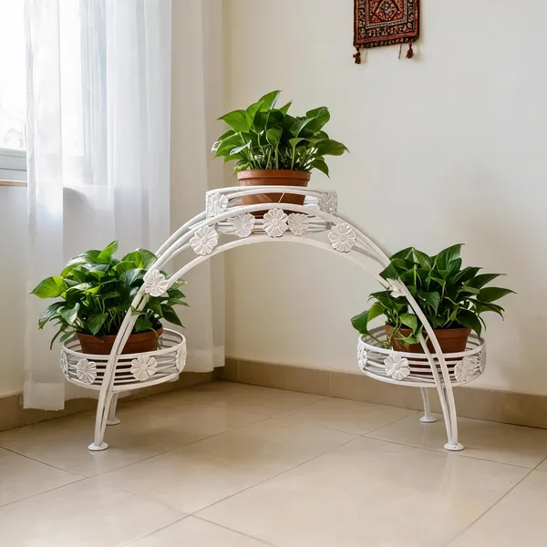 White_Metal_Arch_Design_Three-Pot_Plant_Stand
