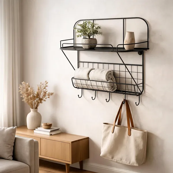 Metal_Wall_Mounted_Shelf_With_Hooks_And_Basket