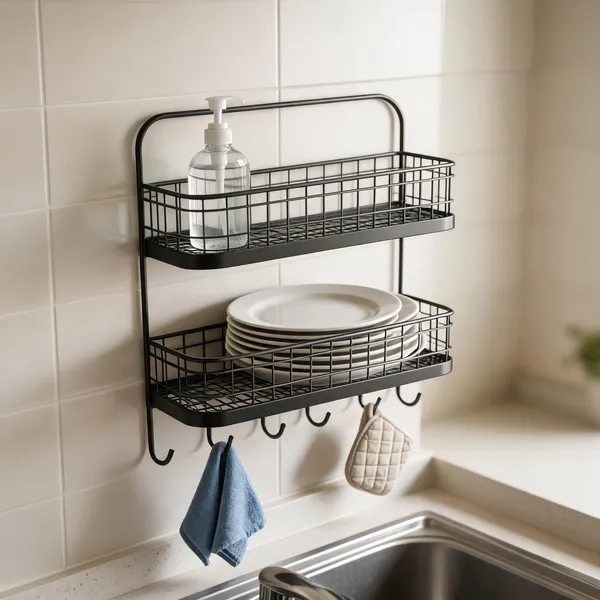 Metal_Two_Tier_Wall_Mounted_Shelf_With_Hooks