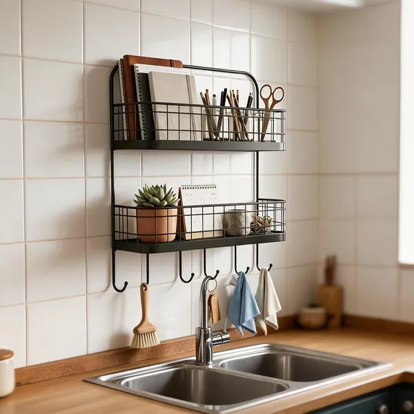Metal_Two_Tier_Wall_Mounted_Shelf_With_Hooks