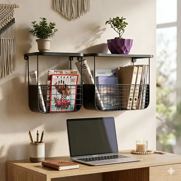Black_Metal_Wire_Basket_Wall_Mounted_Shelf_With_Magazine_Rack_Set_Of_2