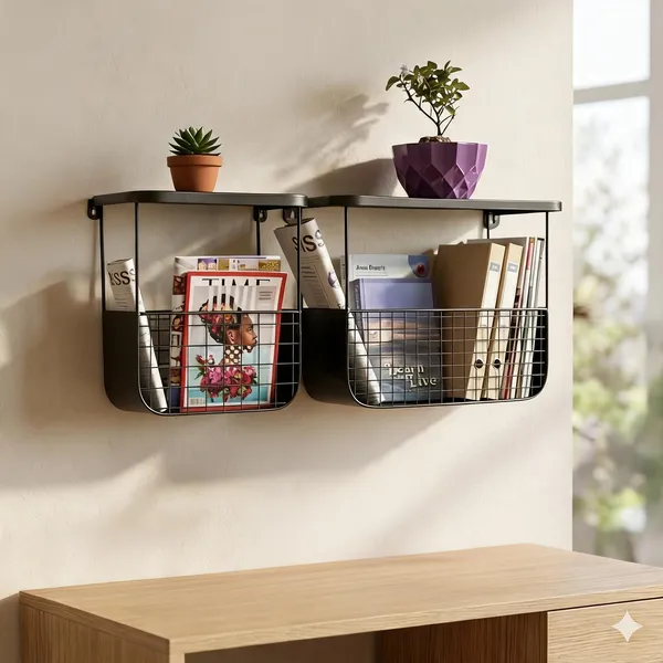 Black_Metal_Wire_Basket_Wall_Mounted_Shelf_With_Magazine_Rack_Set_Of_2
