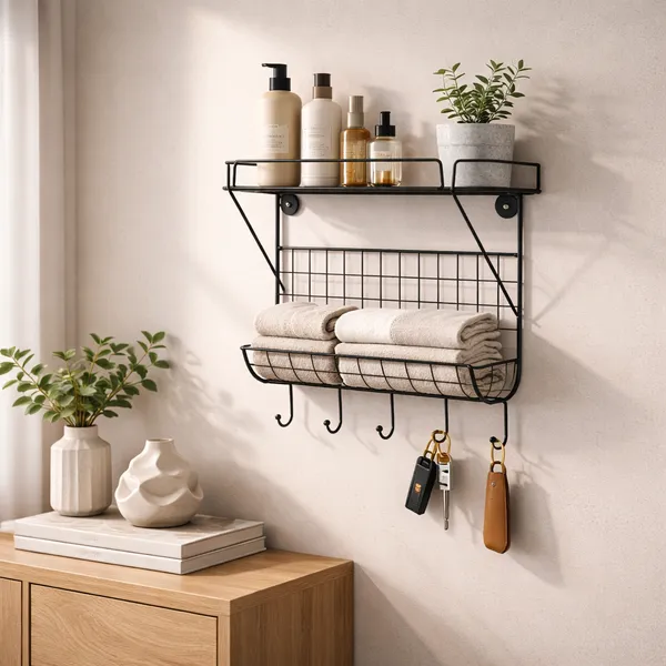 Metal_Wall_Mounted_Shelf_With_Hooks_And_Basket