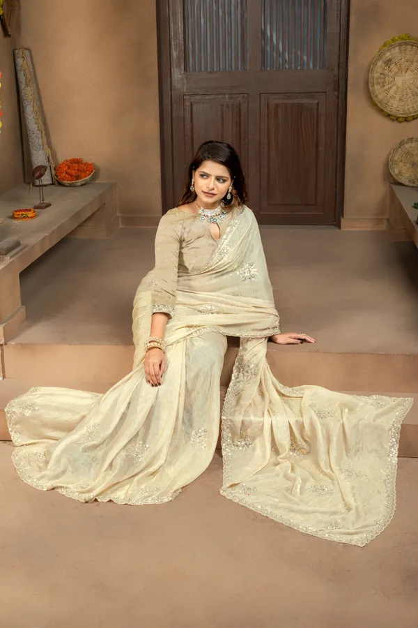Beige_SareeFendi_Silk_Print_Work:_Beads_Sequence_Cutdana_Threadwork__And_Zari_Theadwork_For_Women