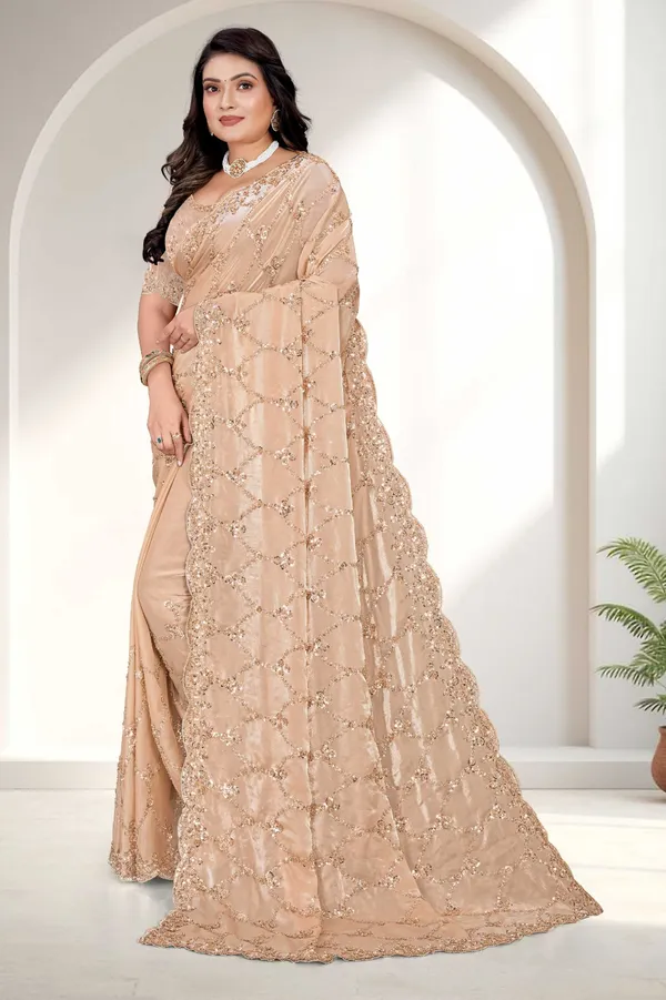 Beige_SareeFendi_Silk_Work:_Beads_Sequence_Cutdana_Threadwork__And_Zari_Theadwork_For_Women
