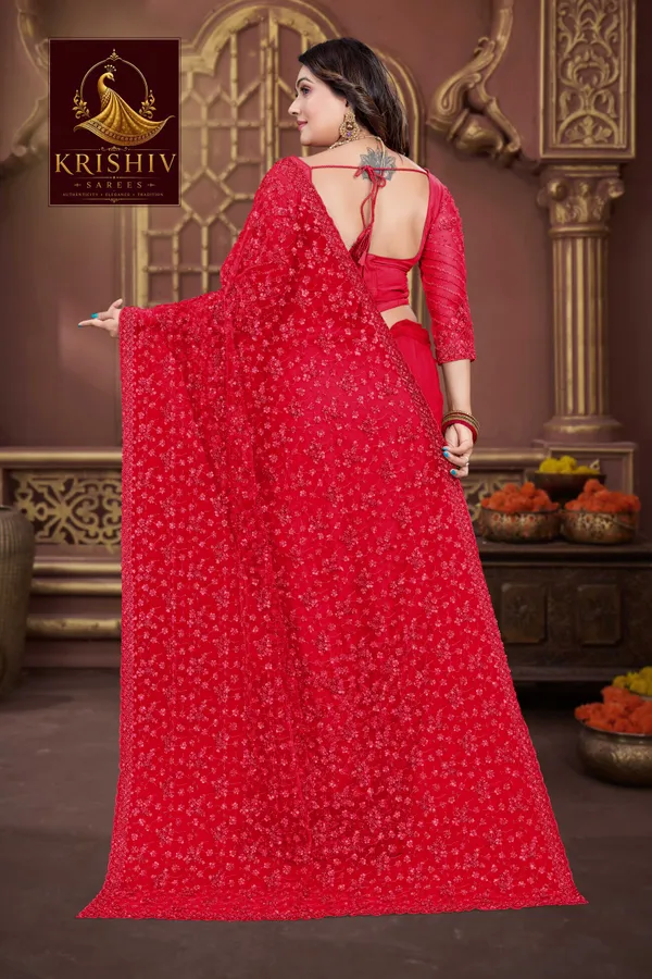 Red_Saree_Net_Work:_Beads_Sequence_Cutdana_Threadwork__And_Zari_Theadwork_For_Women