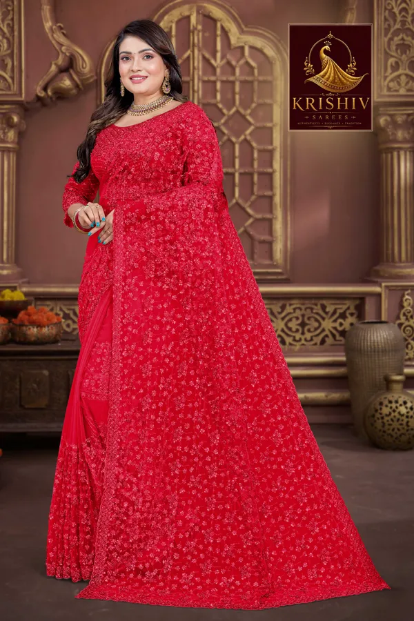 Red_Saree_Net_Work:_Beads_Sequence_Cutdana_Threadwork__And_Zari_Theadwork_For_Women