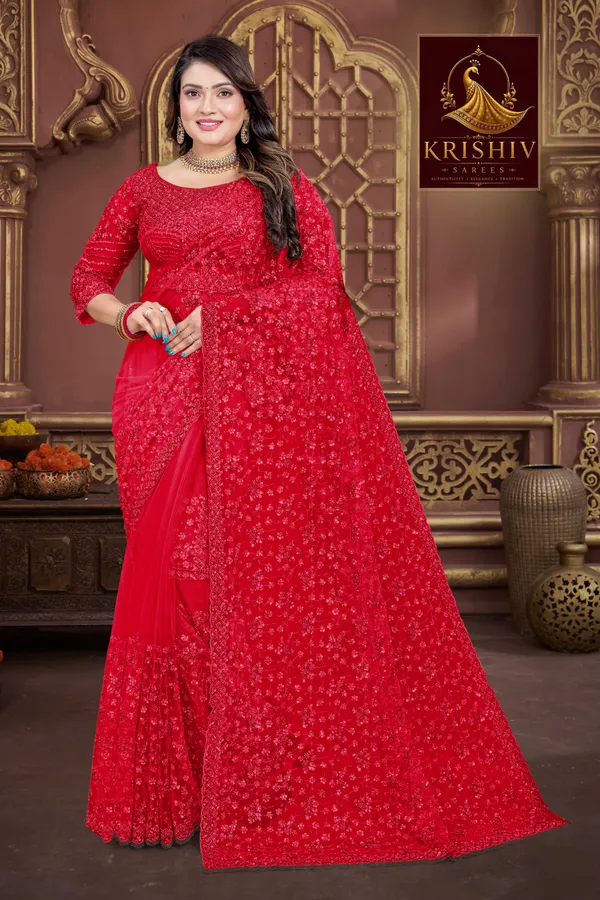 Red_Saree_Net_Work:_Beads_Sequence_Cutdana_Threadwork__And_Zari_Theadwork_For_Women