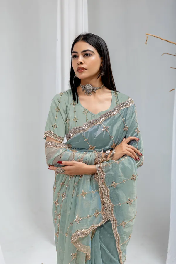 SKY_Blue_SareeOrgenza_Net_Work:_Beads_Sequence_Cutdana_Threadwork__And_Zari_Theadwork_For_Women