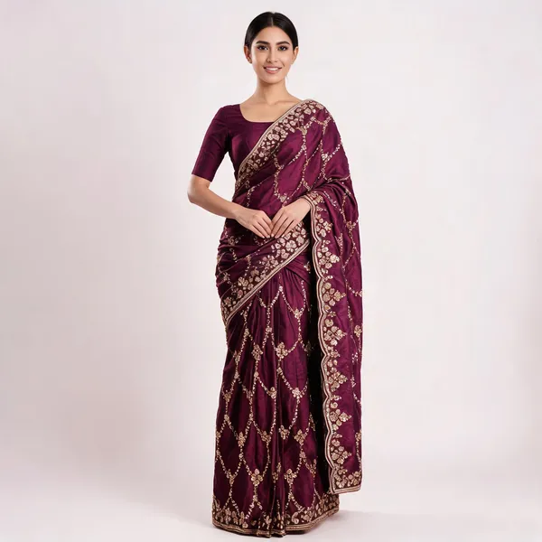 Wine_SareeFendi_Silk_Work:_Beads_Sequence_Cutdana_Threadwork__And_Zari_Theadwork_For_Women
