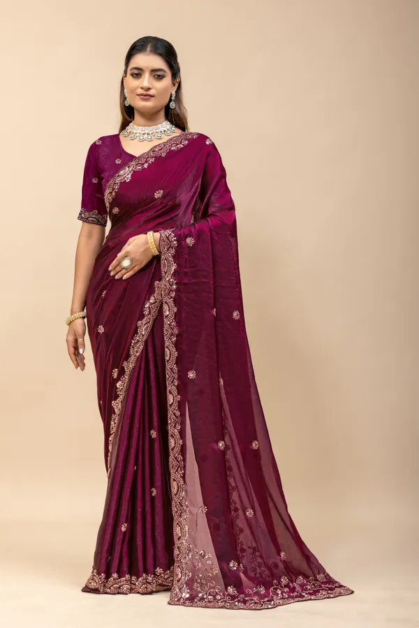 Wine_SareeFendi_Silk_Work:_Beads_Sequence_Cutdana_Threadwork__And_Zari_Theadwork_For_Women