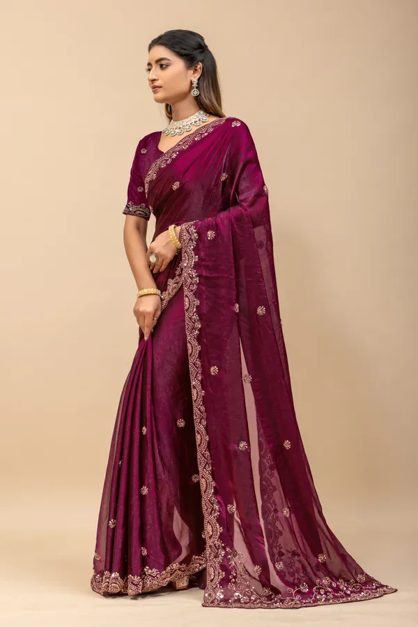 Wine_SareeFendi_Silk_Work:_Beads_Sequence_Cutdana_Threadwork__And_Zari_Theadwork_For_Women